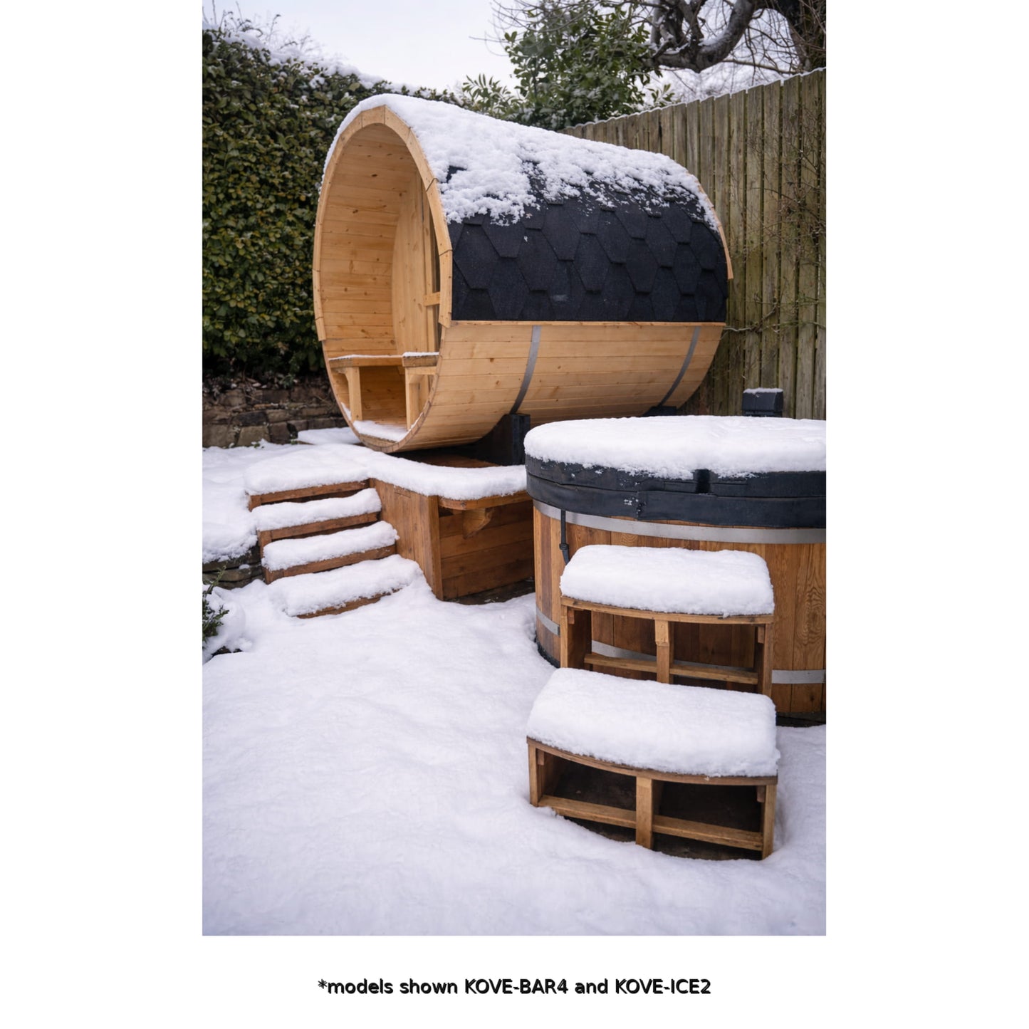 Sauna and ice bath in garden with snowy conditions