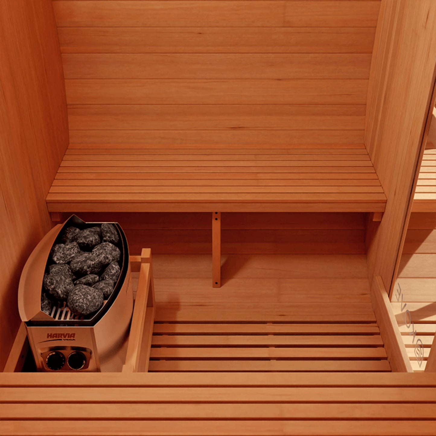Wooden sauna with a heater and rocks inside, featuring a bench.