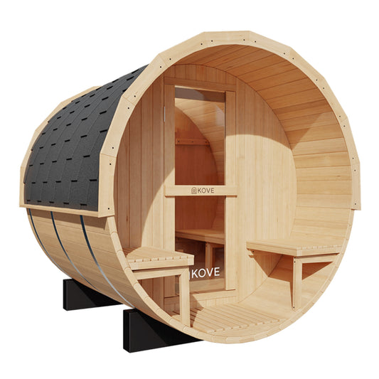 Wooden barrel-shaped sauna with Kove branding on a white background
