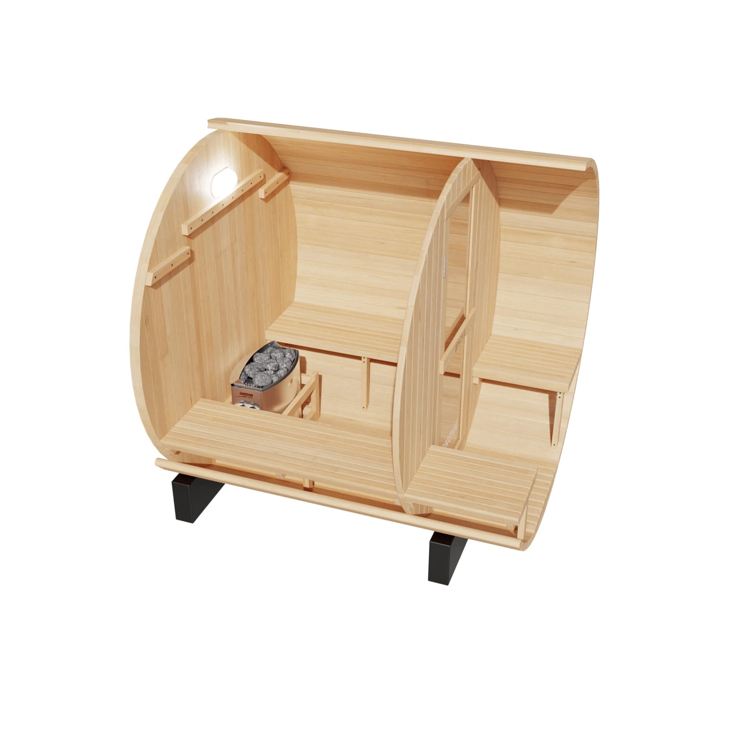 Wooden sauna with a heater inside on a white background