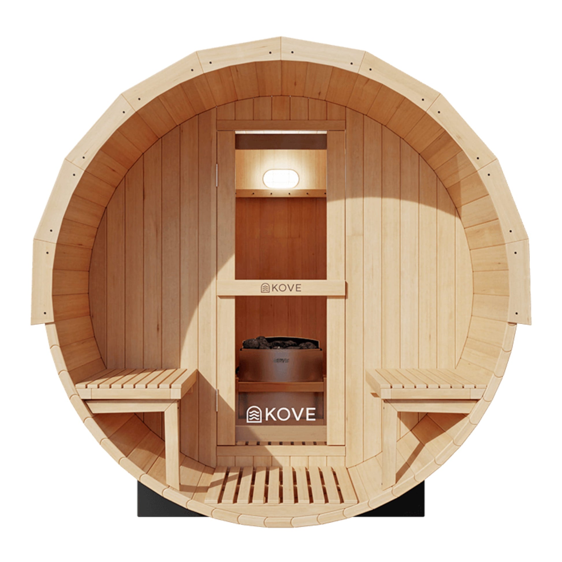 Wooden sauna with Kove branding on a white background