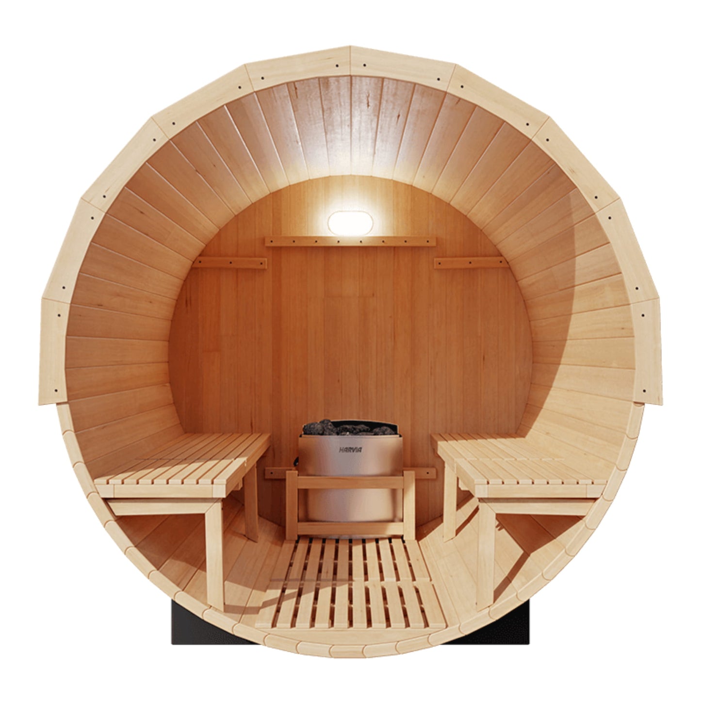 Wooden infrared sauna with benches and a light on a white background