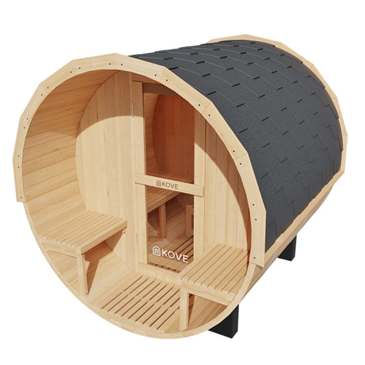 Wooden barrel-style sauna on a white background