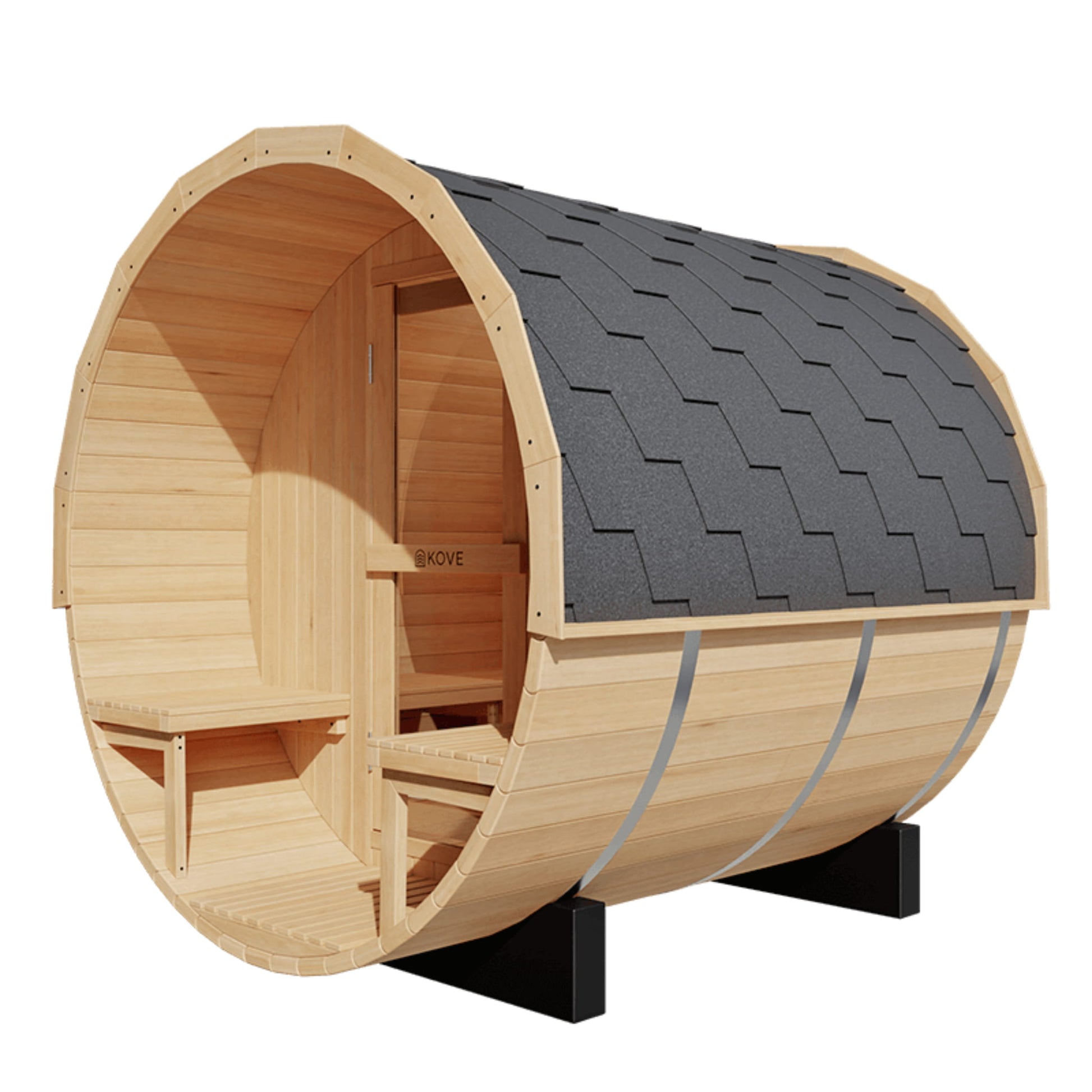 Wooden barrel-shaped sauna with a gray roof on a white background