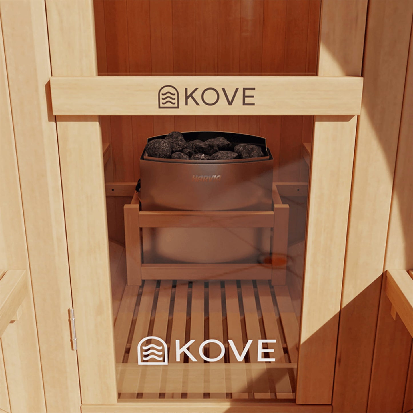 Wooden sauna interior with Kove branding