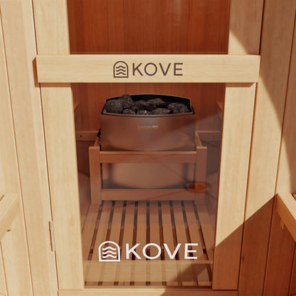 Wooden sauna interior with Kove branding