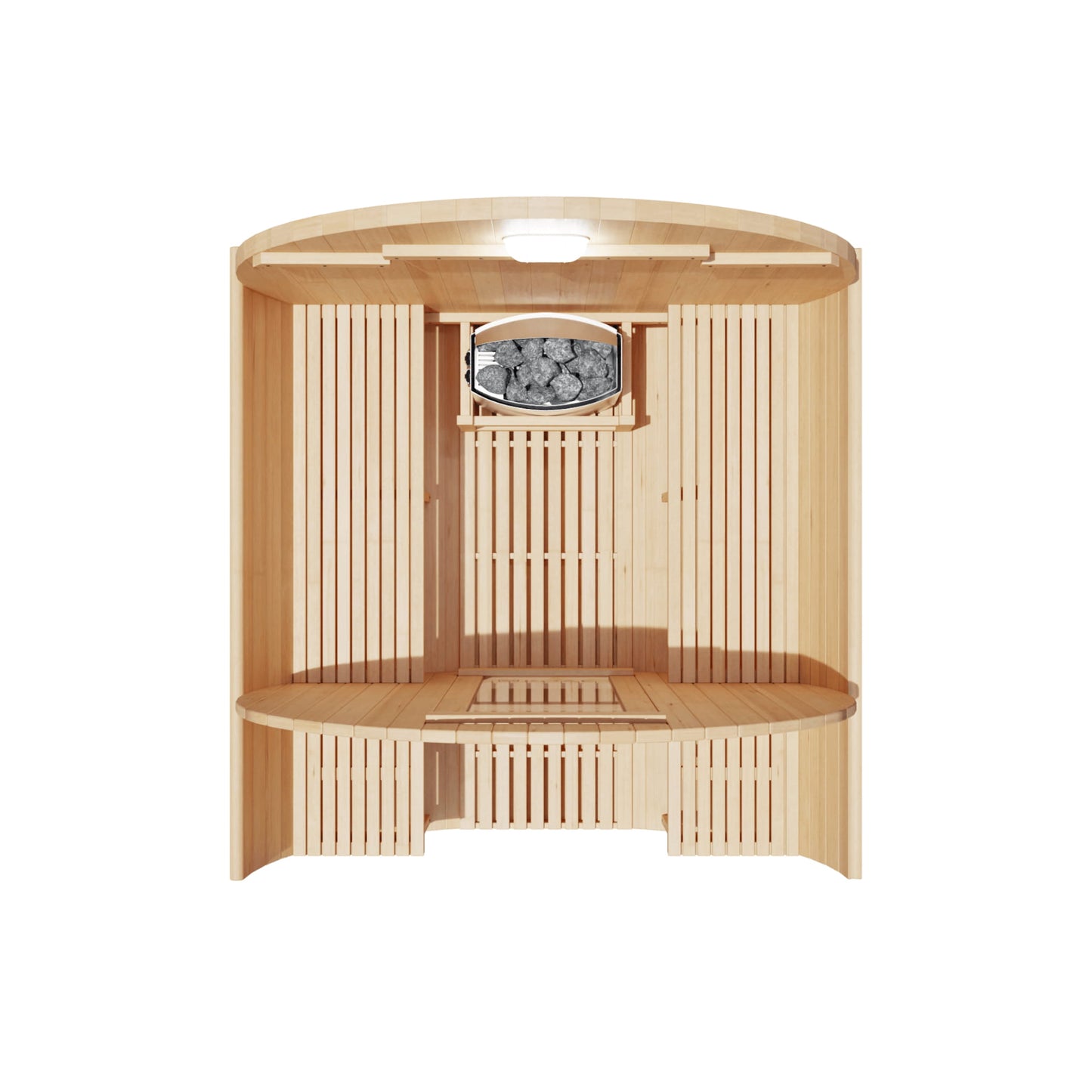Wooden sauna with bench and stone compartment on a white background