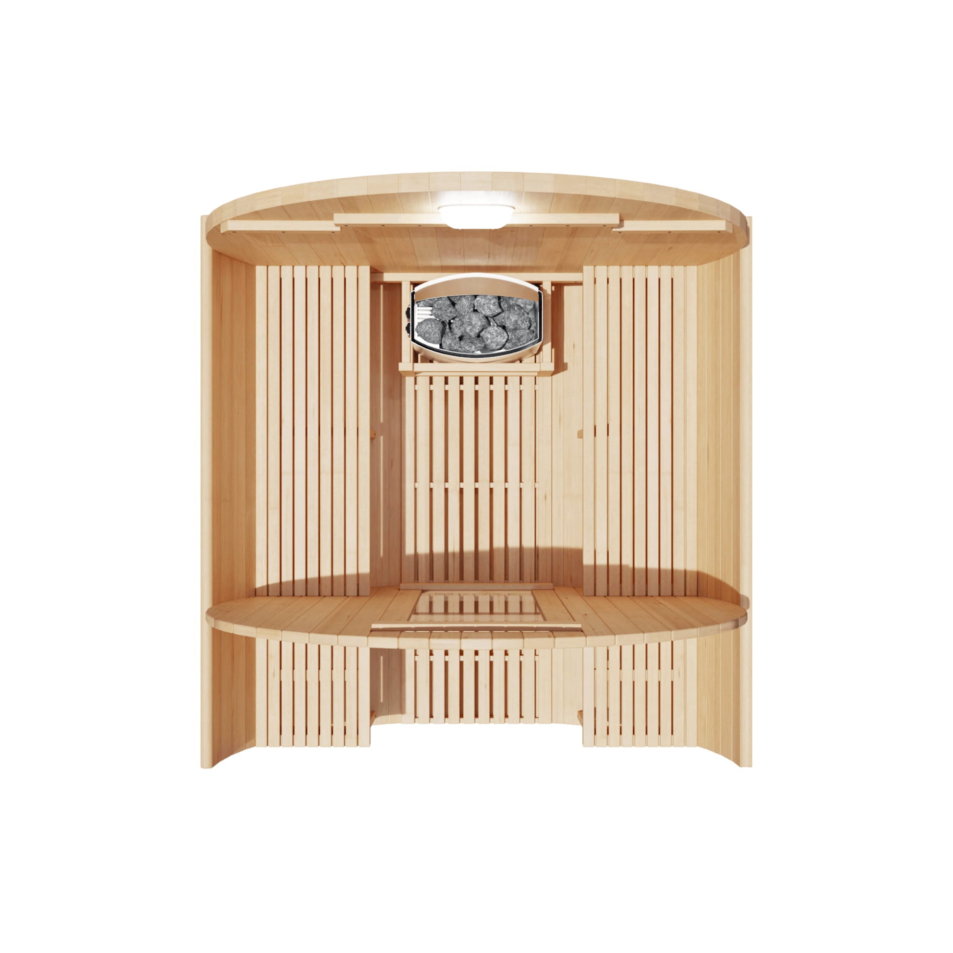 Wooden sauna with bench and stone compartment on a white background