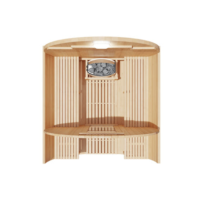 Wooden sauna with bench and stone compartment on a white background