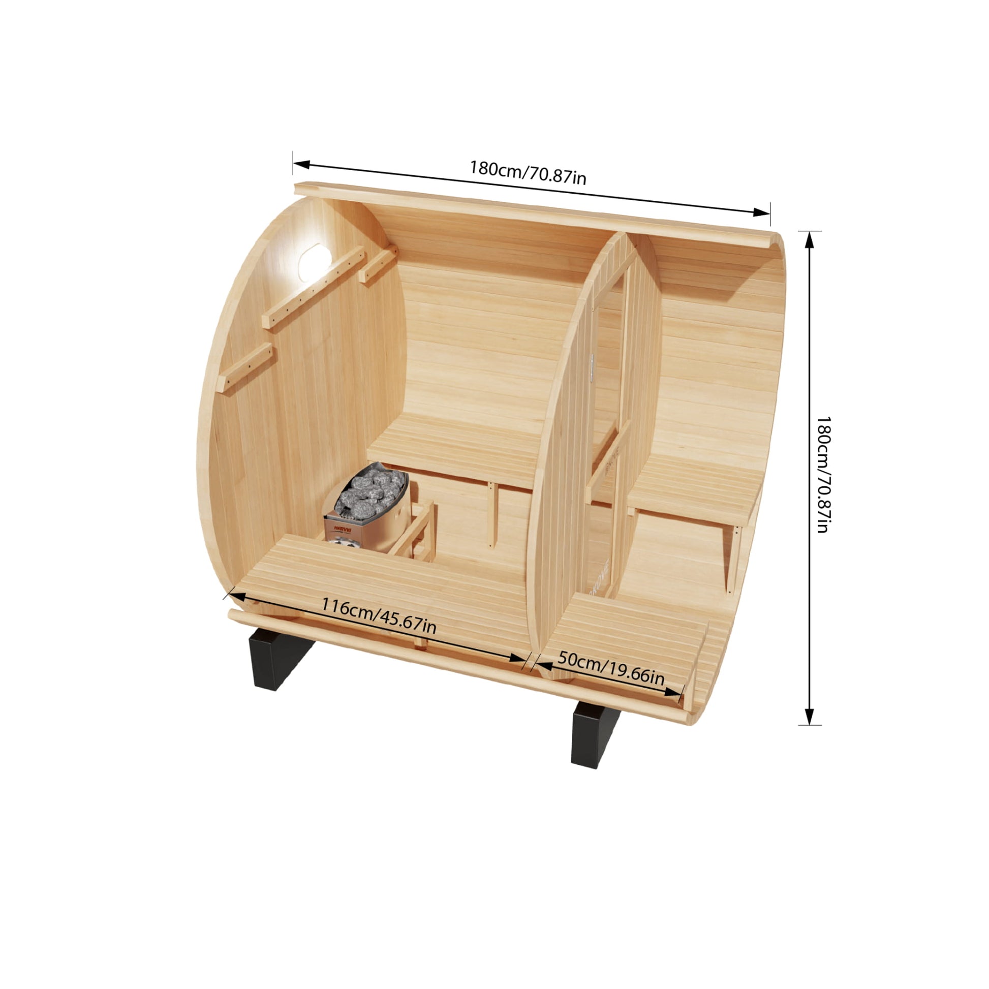 Wooden sauna with dimensions indicated on a white background