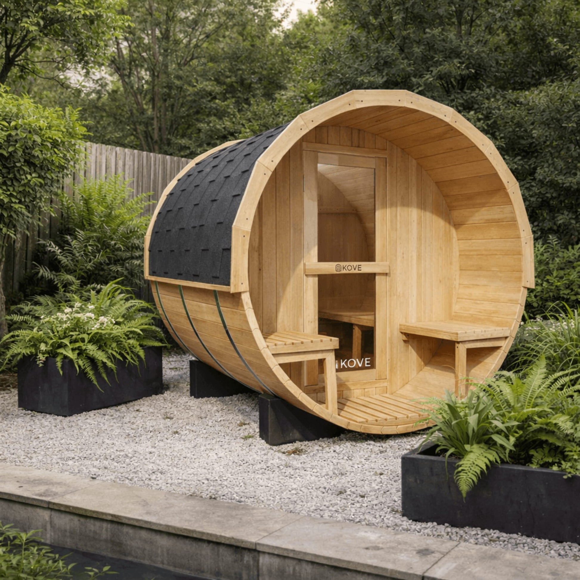 Wooden barrel-shaped outdoor sauna with 'Kove' branding in a garden setting.