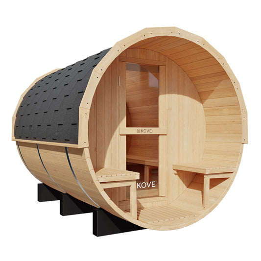Wooden barrel-shaped sauna with Kove branding on a white background