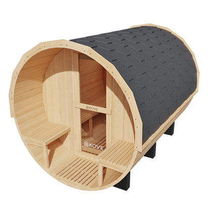 Wooden barrel-style sauna with gray top and 'Kove' branding on a white background