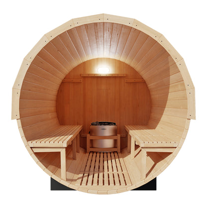 Wooden sauna with benches and a heater on a white background