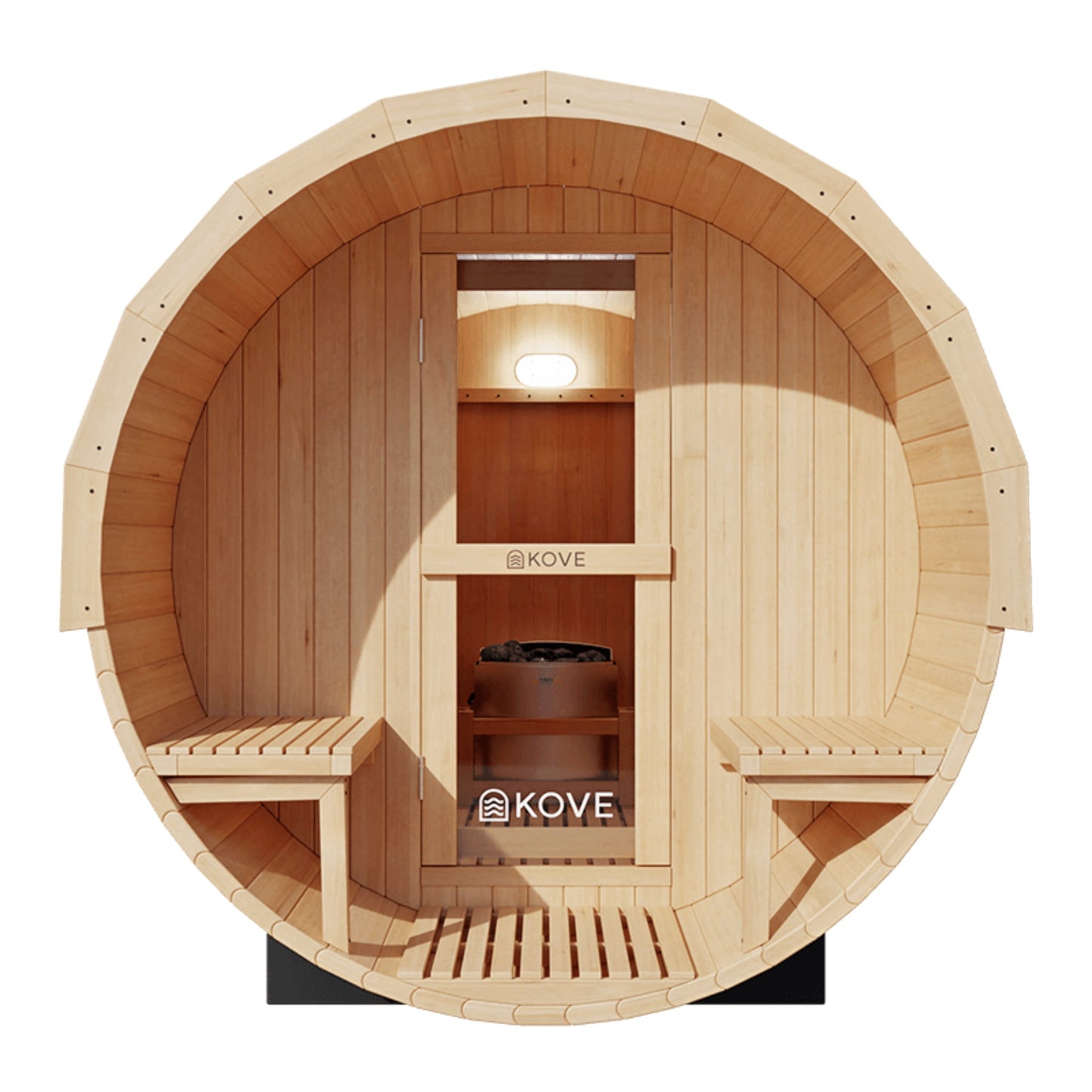 Wooden sauna with Kove branding on a white background