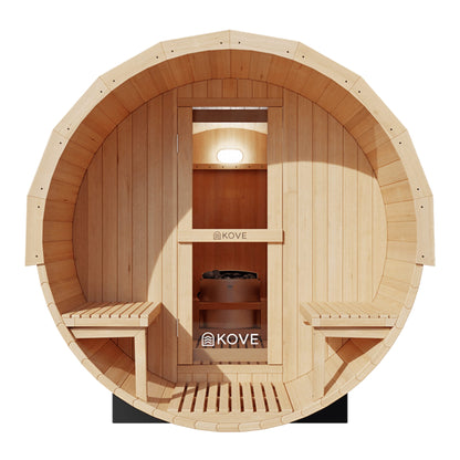 Wooden sauna with Kove branding on a white background
