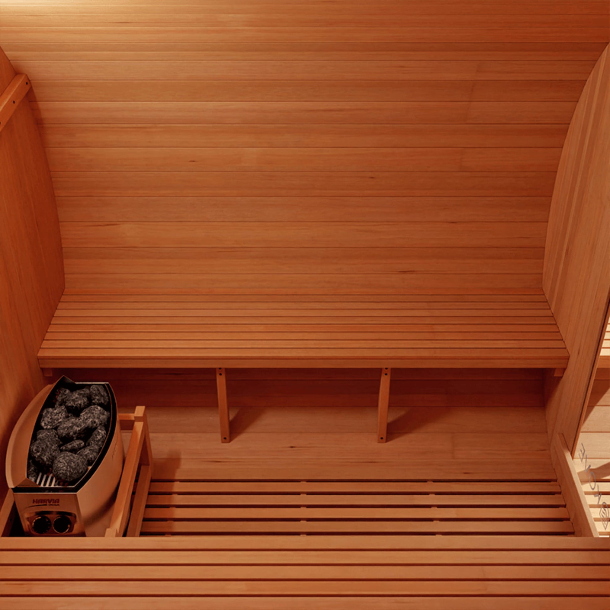 Wooden sauna interior with a bench and  heater