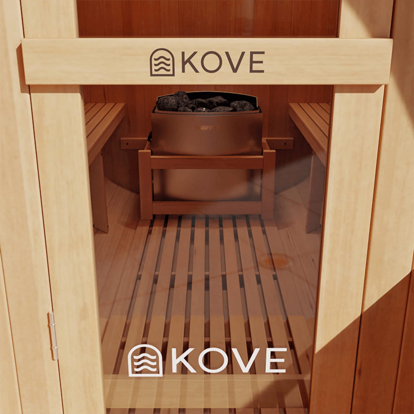 Wooden sauna with Kove branding on a clear background