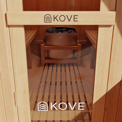 Wooden sauna with Kove branding on a clear background