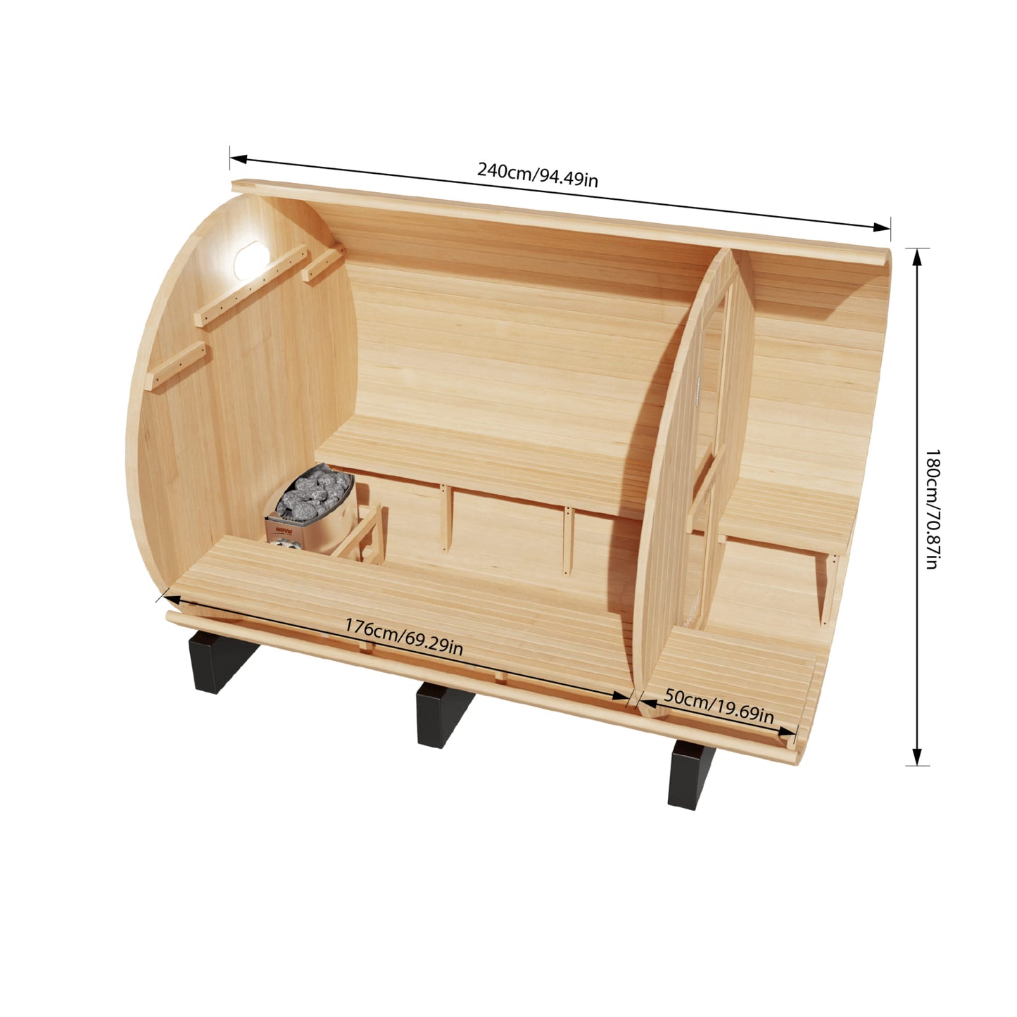 Wooden sauna with dimensions labeled on a white background