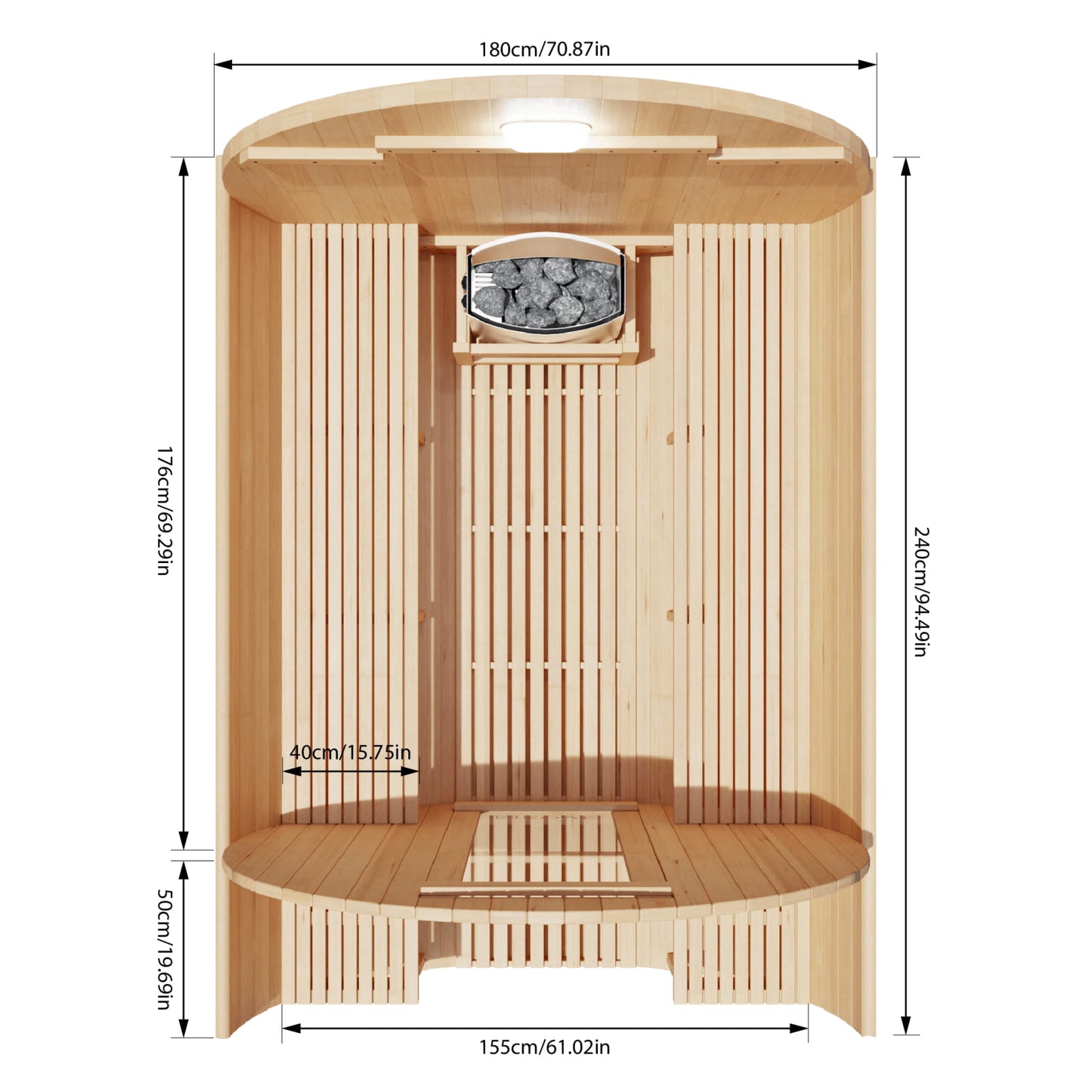 Aerial view of the inside of a wooden sauna with dimensions labeled on a white background