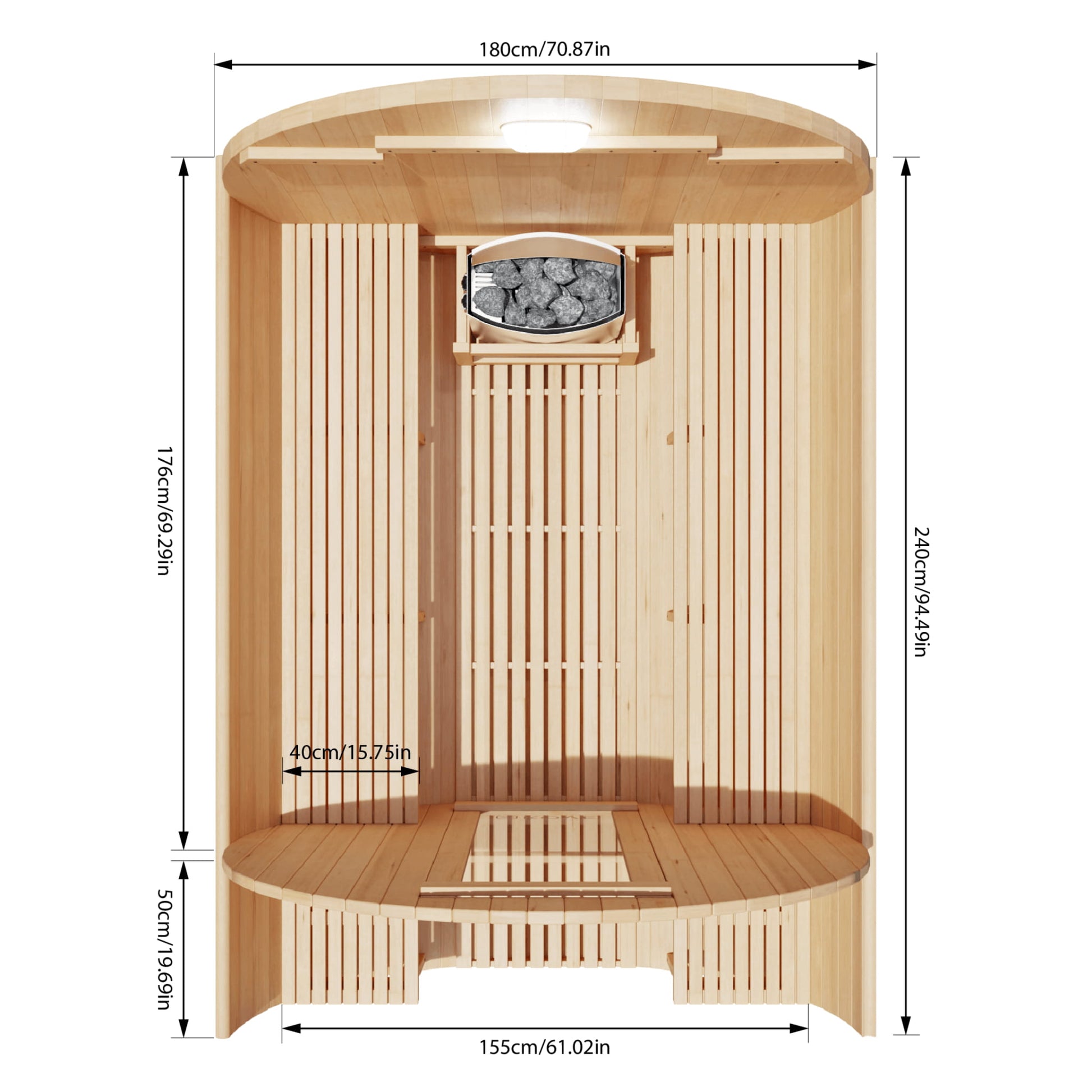 Aerial view of the inside of a wooden sauna with dimensions labeled on a white background