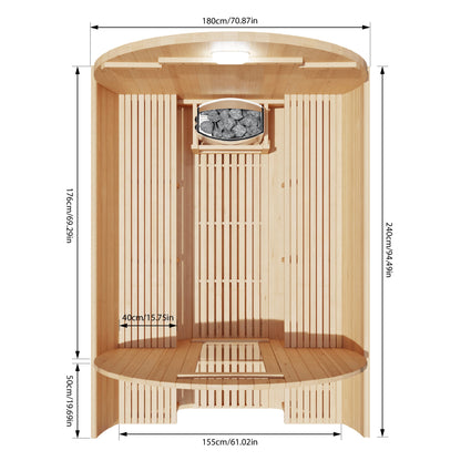 Aerial view of the inside of a wooden sauna with dimensions labeled on a white background