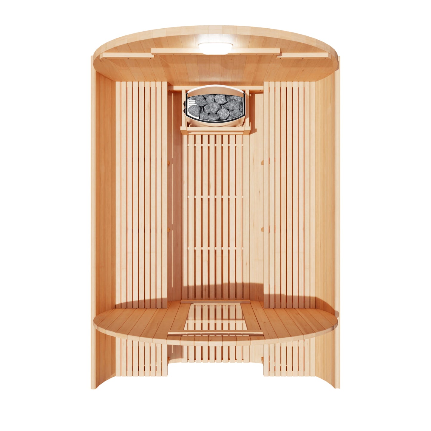 Wooden sauna with bench and stove inside on a white background