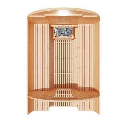 Wooden sauna with bench and stove inside on a white background