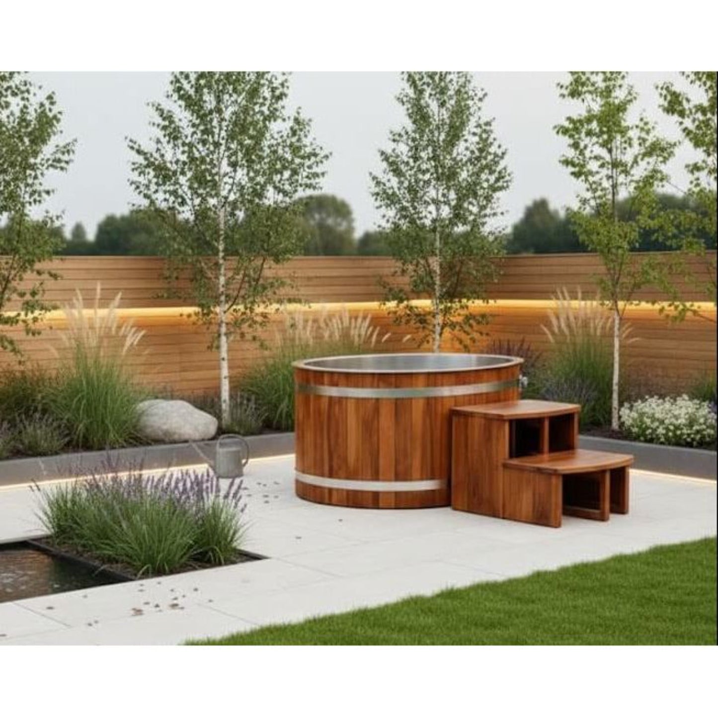 Wooden KOVE Oval Ice Bath in a modern garden