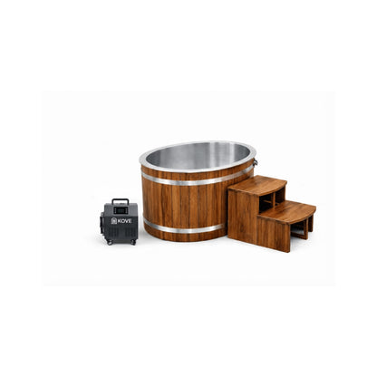 Wooden KOVE Oval Ice Bath with chiller on a white background