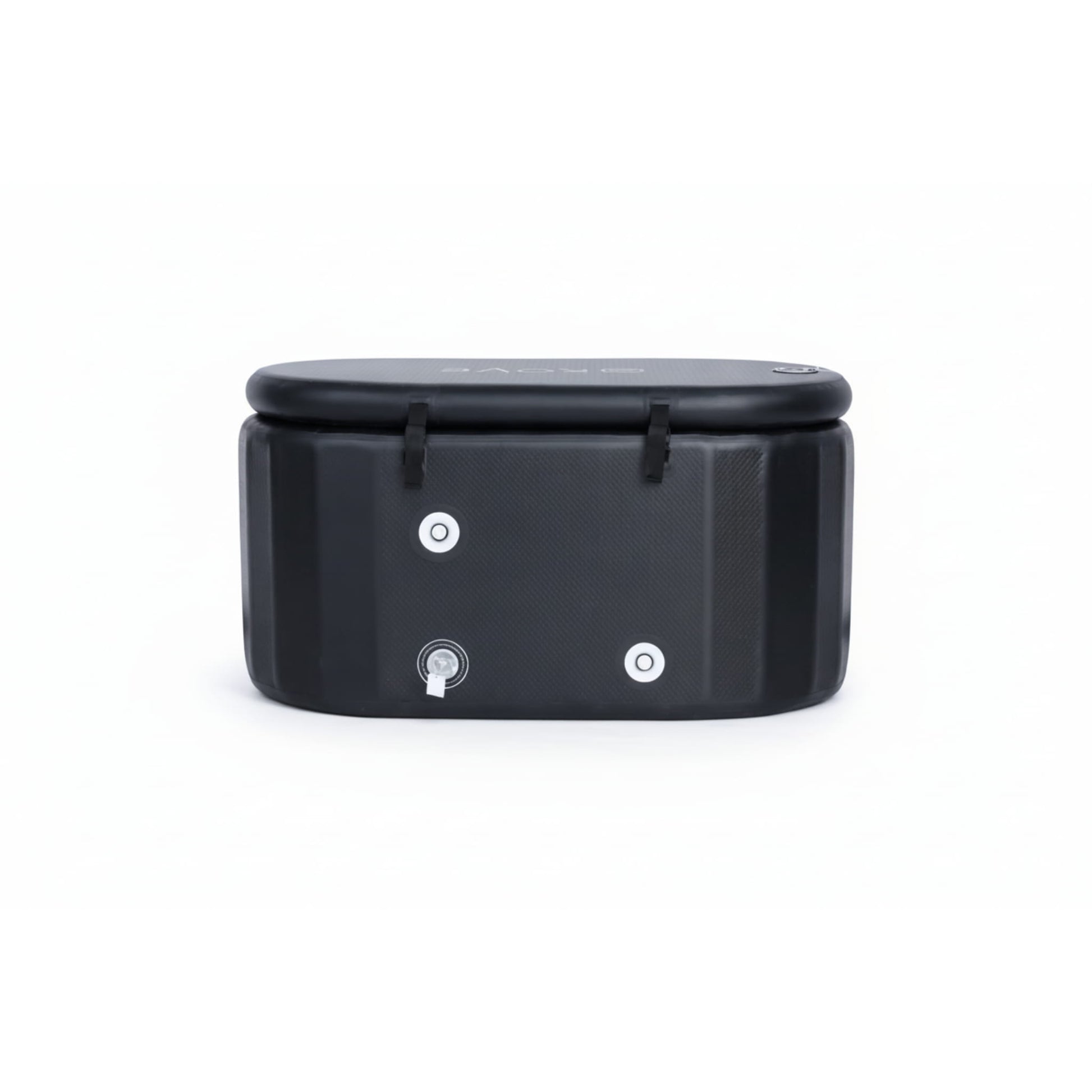 Back of a black Kove ice bath on a white background