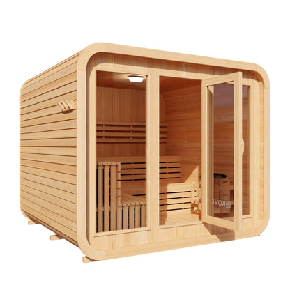 Wooden Kove Cube Sauna with door open on a white background
