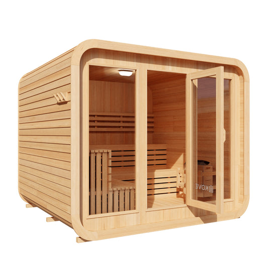 Wooden Kove Cube Sauna with door open on a white background