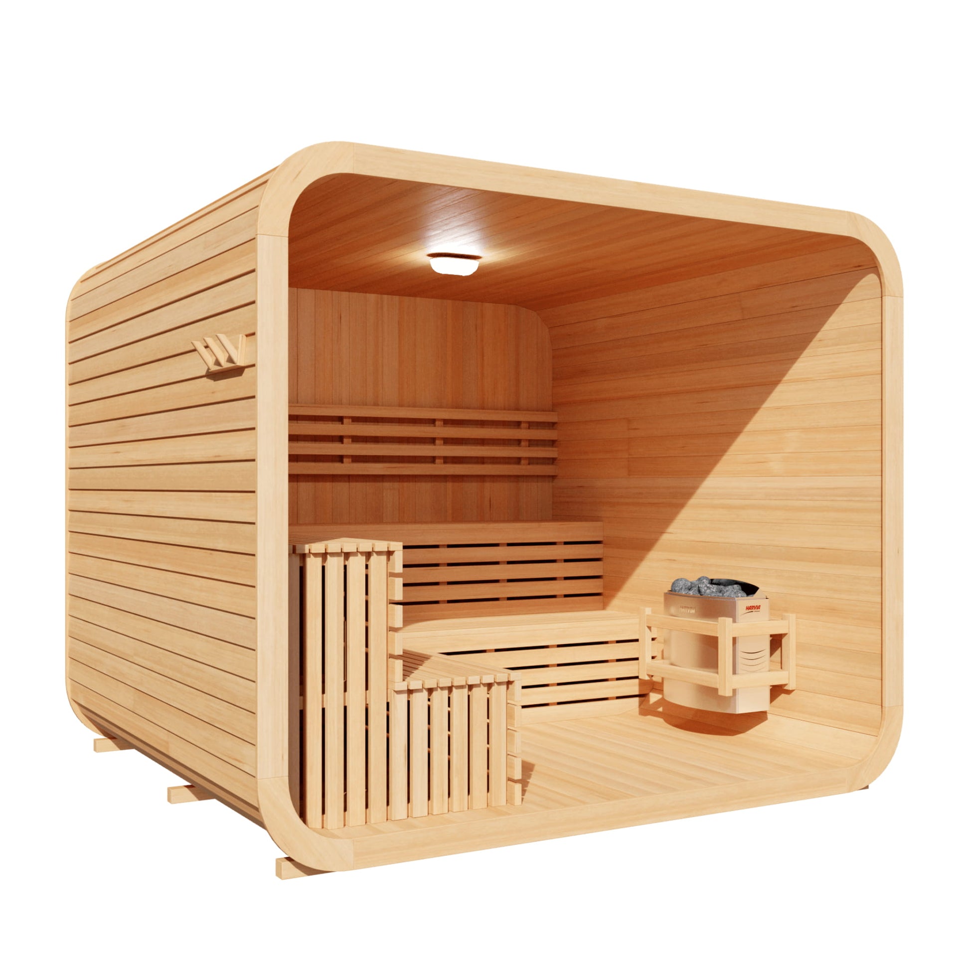 Inside of the wooden Kove Cube Sauna on a white background