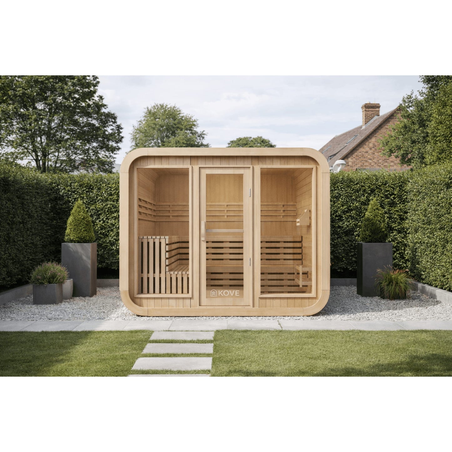 Wooden Kove Cube Sauna in a garden