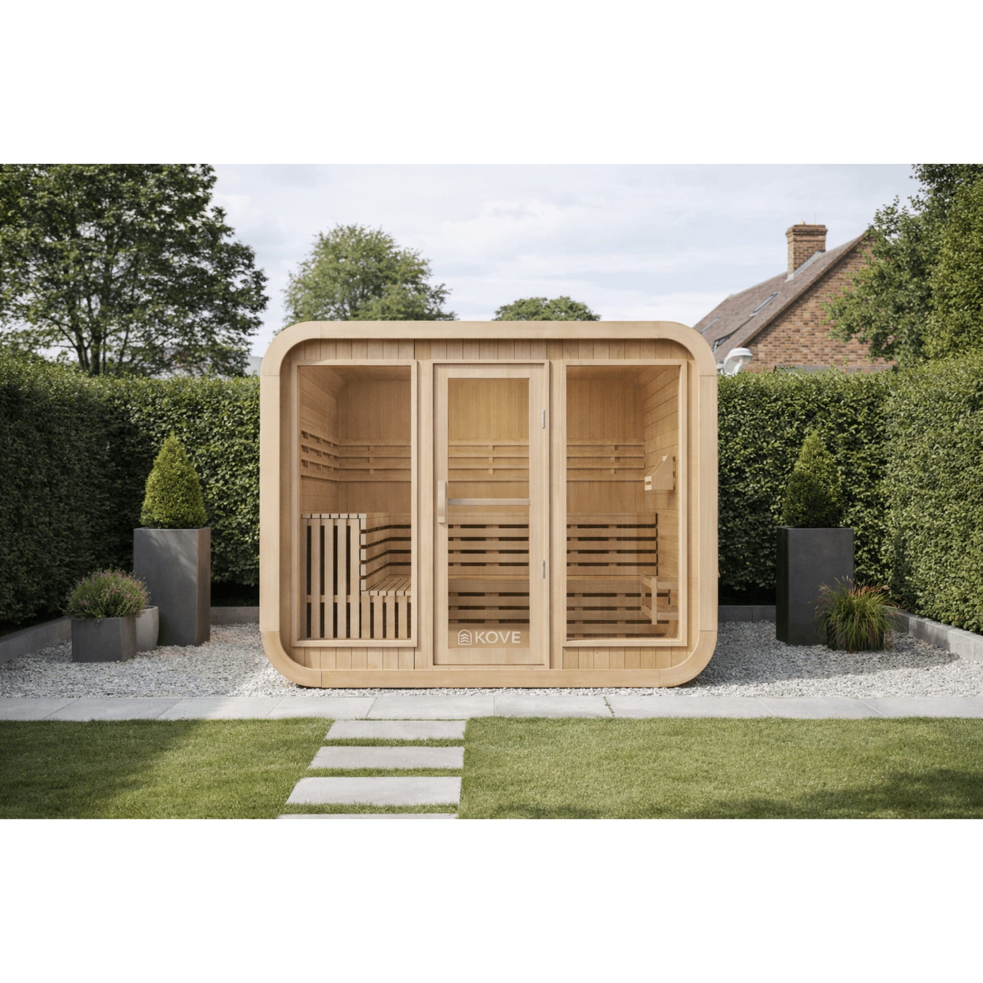 Wooden Kove Cube Sauna in a garden