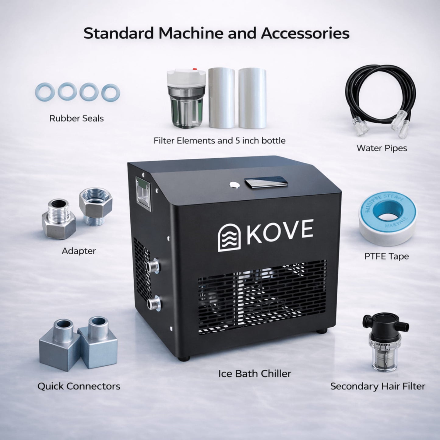 Kove ice bath chiller with its standard machine and accessories on a light gray background