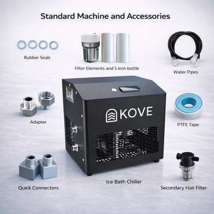Kove ice bath chiller with its standard machine and accessories on a light gray background