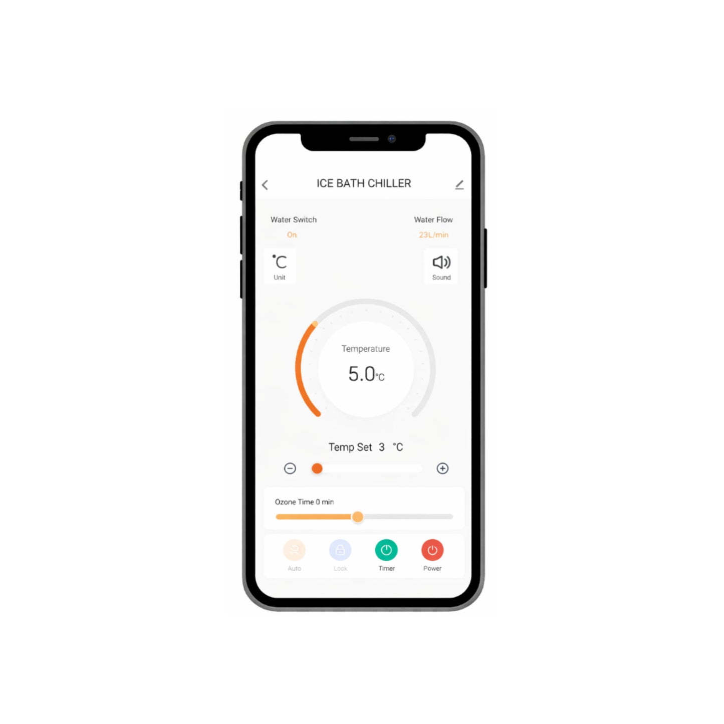 Smartphone displaying an app interface for controlling an ice bath chiller on a white background