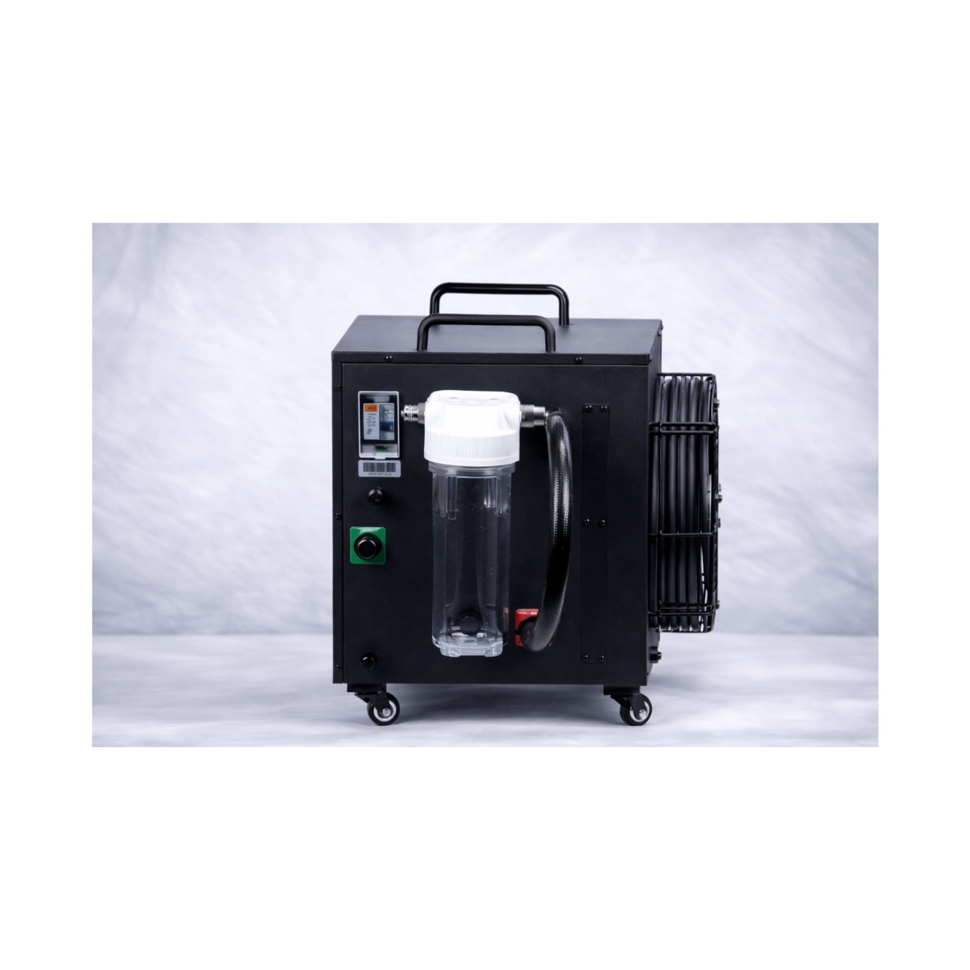 The back of a black Kove ice bath chiller on a white background