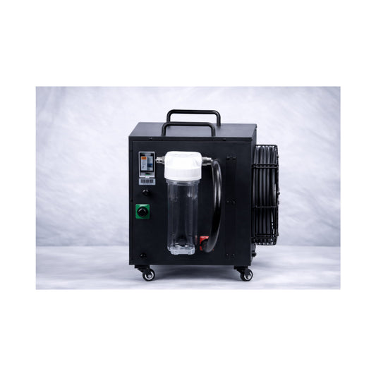 The back of a black Kove ice bath chiller on a white background