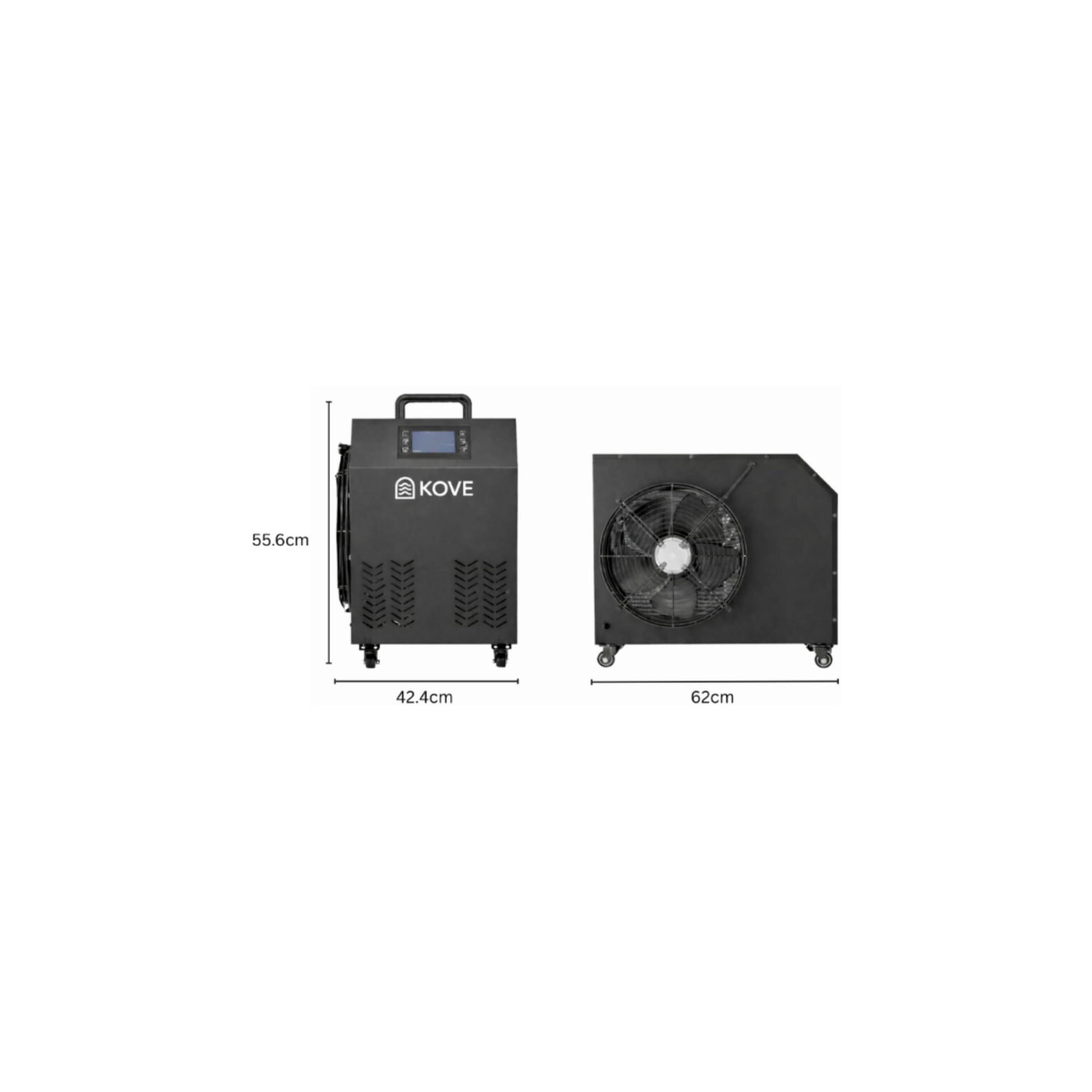 Dimensions of a Black Kove ice bath chiller showing height, width and depth in cm's on a white background