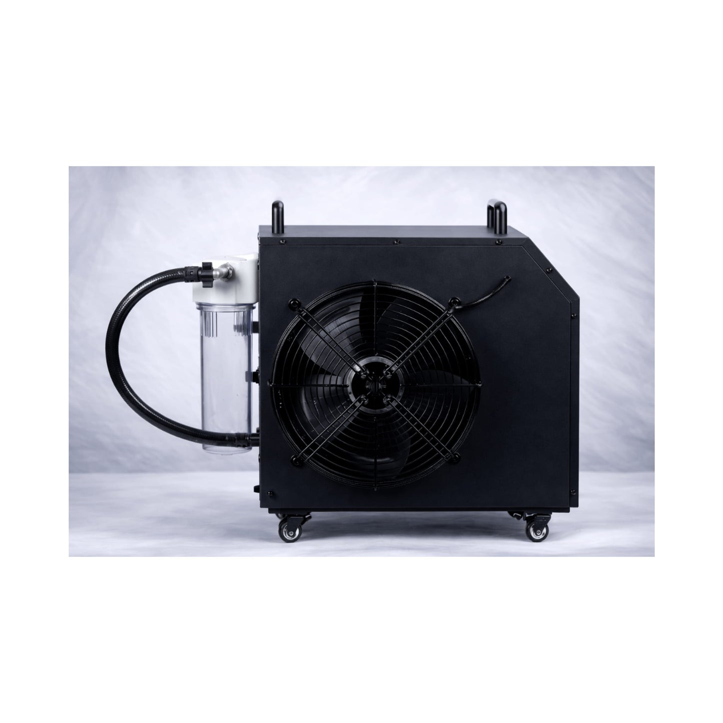 Side of Black Kove ice bath chiller showing fan and filter on a white background
