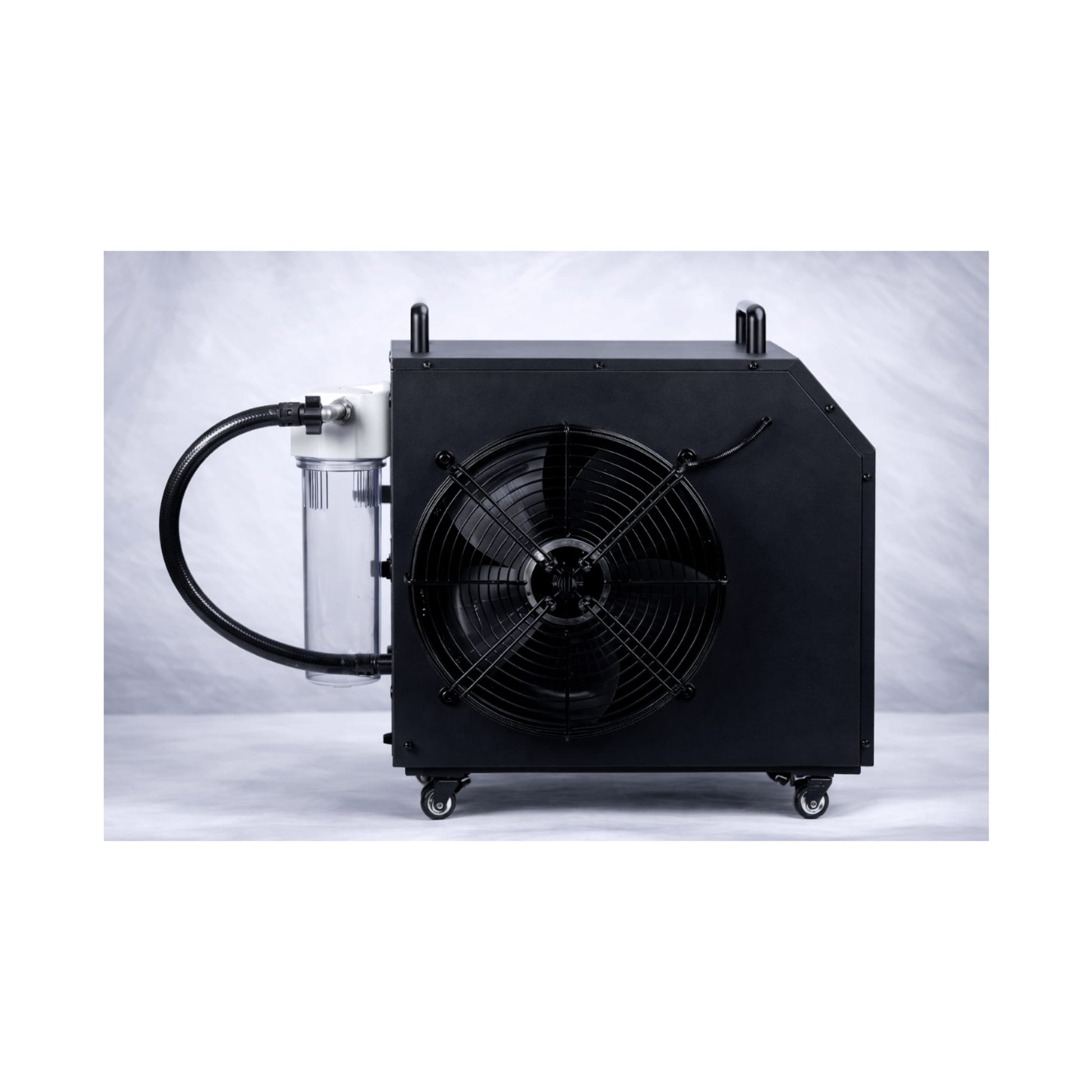 Side of Black Kove ice bath chiller showing fan and filter on a white background