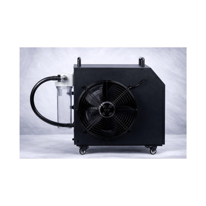 Side of Black Kove ice bath chiller showing fan and filter on a white background