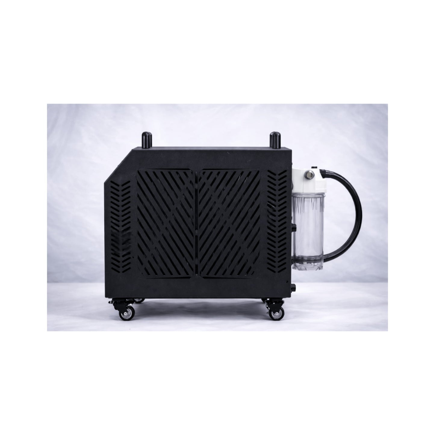 Side of Black Kove ice bath chiller on a white background