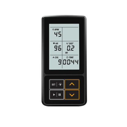 Digital device with a screen displaying various metrics on a white background