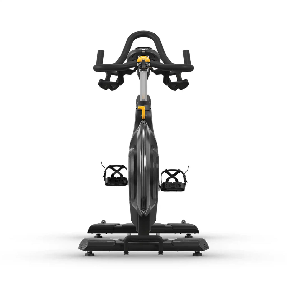 A stationary exercise bike with a black frame, black handlebars, and black pedals, featuring small yellow accents on the console and frame, shown against a solid white background.
