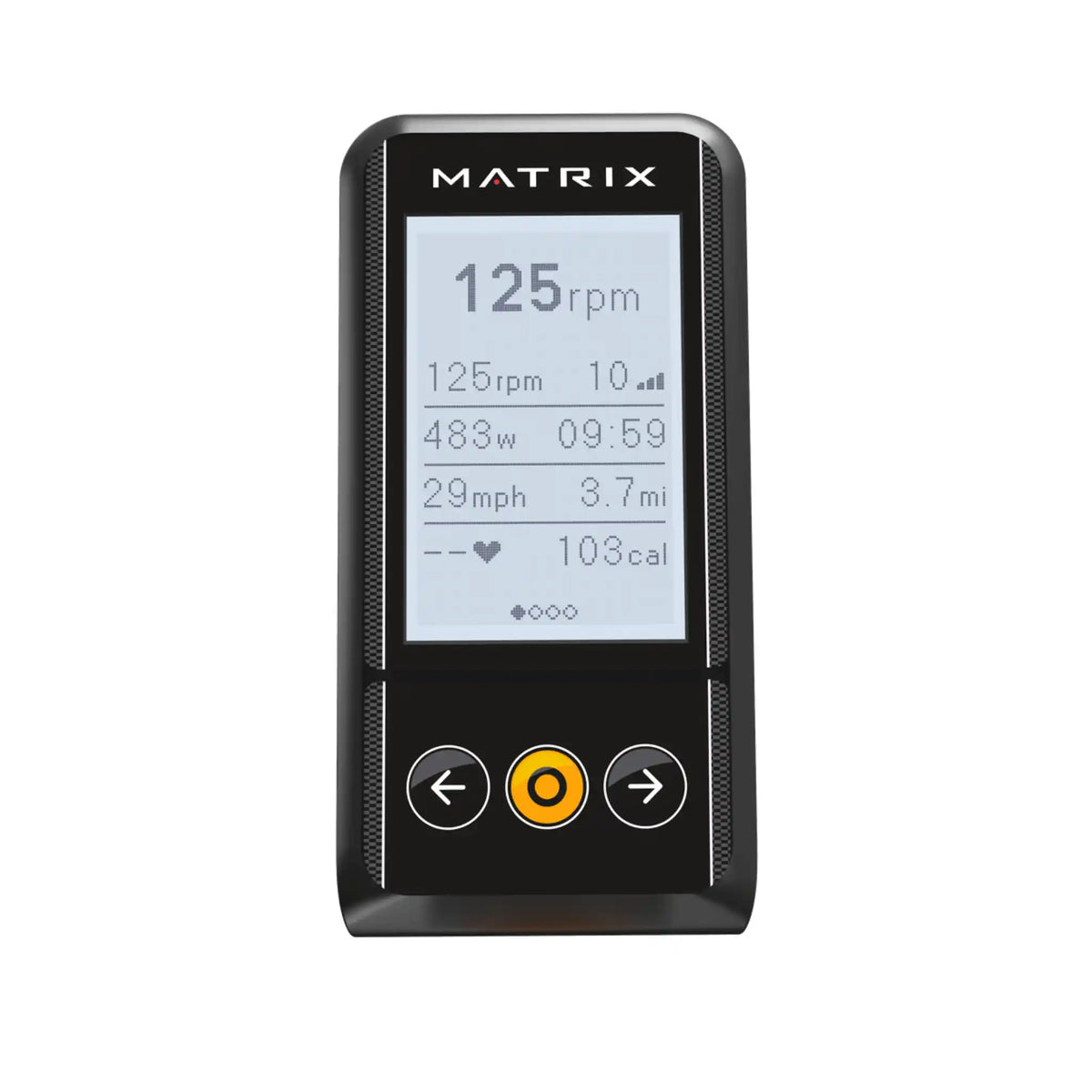 A black Matrix personal cycling console with a colour display screen showing cycling metrics, featuring three control buttons on the front, set against a plain white background.